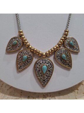 EUC Vintage Lucky Brand Silver & Gold-Tone Turquoise Filigree Teardrop Statement
